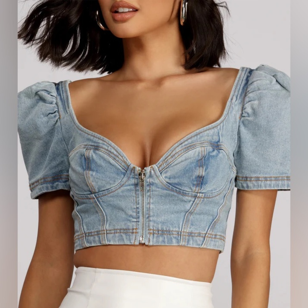 Blue Jean Puff Sleeve Bustier Crop Top